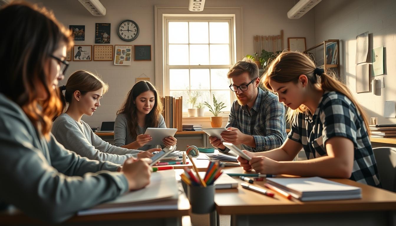 Students studying together in modern classroom